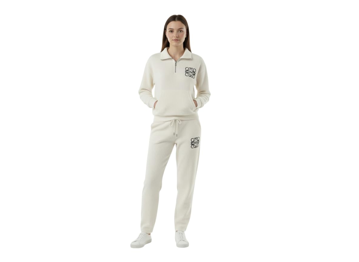 Women's Ribbed Knit Tracksuit Set, Half Zip Sweatshirt with Joggers, Off White Loungewear Co-ord Set with Embroidered Logo-image-48