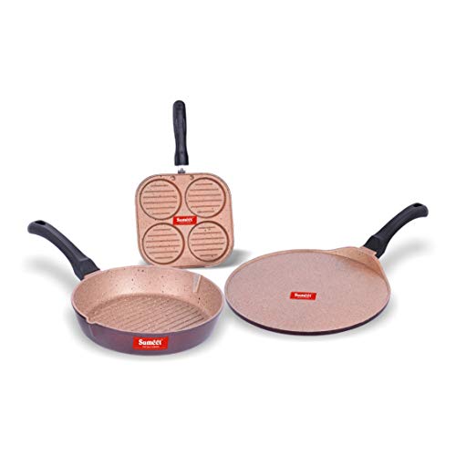 Image of Sumeet Nonstick Granite Finish ENCLAVE cookware set (Round Grill Pan 25.5cm Dia + Mini Multi Snack Maker - 4 Cavity - 19.5cm Dia + Tawa 30.5cm Dia)