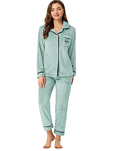 Allegra K Conjuntos de pijama de mujer Ropa de dormir botón abajo suave traje de noche femenino Pj Lounge Sets, Azul / Patchwork, M
