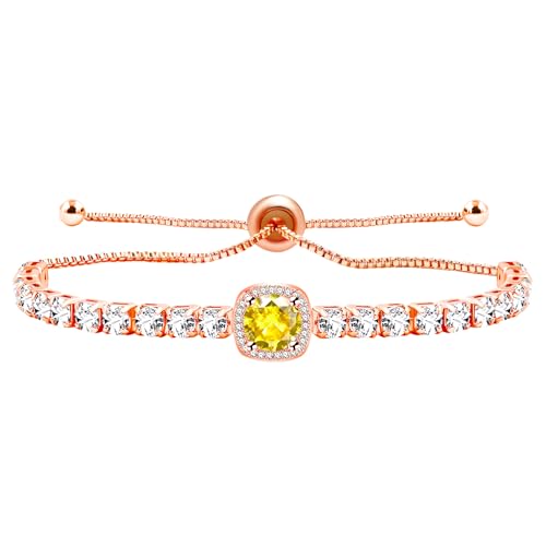 Image of Rose Plated Gold Brass Box Chain Cubic Zirconia Classic Tennis Slider Adjustable Bracelet, Round Big Zircon Charm Give Woman Mom Mother's Day Fashion Crystal Gift