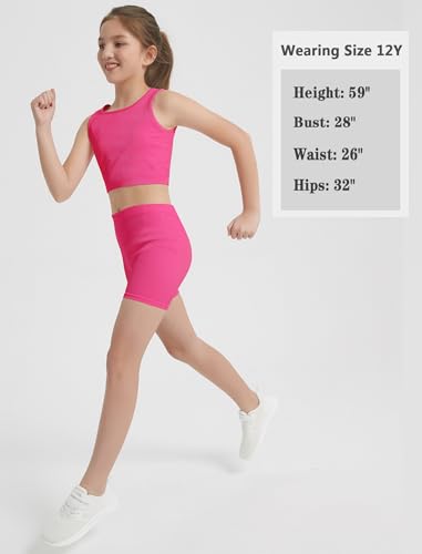 Image of EXARUS Girls 2 Piece Outfits Seamless Ribbed Cropped Tank Top Shorts Set | Teen Two Piece Outfit Tween Summer Dance Vacation Yoga Crew Neck Youth Athletic Workout Set Kids High Waist Elasticity 6-14Y
