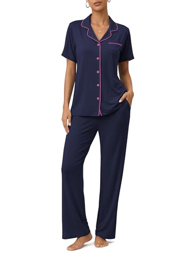 Image of ZMJ Womens Pajamas Sets 2 Piece Button Up Pj Sets Short Sleeve with Long Pant