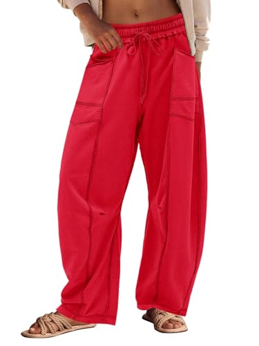 Panadila Womens Barrel Pants Drawstring Wide Leg Sweatpants Baggy Summer Lounge Pants Casual Beach Trousers (Red M)
