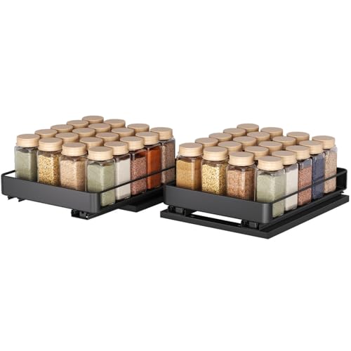 Oriware Cajones Extraibles para Cocina, 2 pisos Organizador Cocina, 2 juegos Especieros para Cocina, Construcción Metálica, Negro, 26,3 x 20,7 x 5,7 cm