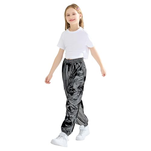 Image of Rolanko Girls Shiny Metallic Cargo Pants, Sparkle Jogger Pants for Girls Hip Hop Dance Streetwear Cargo Trousers 6-15 Years