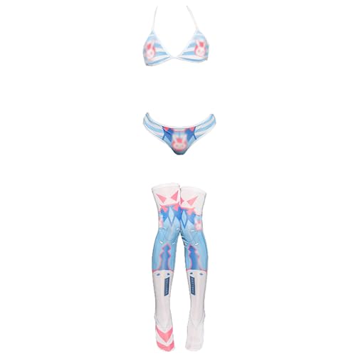 JasmyGirls Lencería Kawaii de Cosplay para Mujer. Conjunto de Bikini de Anime. Disfraces de Halloween. Conjunto de Sujetador y Braguitas con Medias