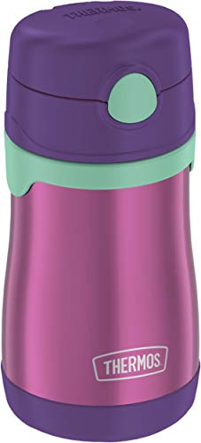 Image of Thermos Baby 10 oz. Stainless Steel Bottle with pop-up straw, Purple with Teal