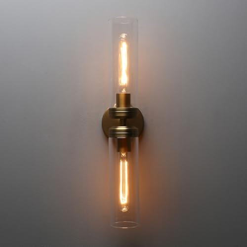 Image of Pathson 2 Lights Cylinder Glass Wall Sconce, Hardwired Wall Vanity Lights with Double Tube Glass, Vintage Aluminum Wall Lamp Decor for Living Room Bedroom (Brass Gold 1-Pack)