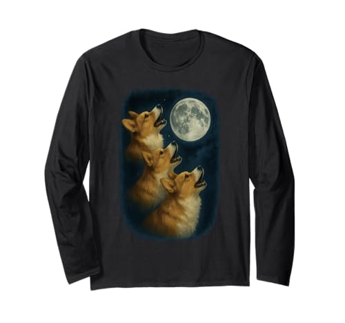 Three Welsh Corgi Pembroke Howling At The Moon 3 Corgi Moon Maglia a Manica