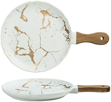 Nordic Creative Ceramic Fruit Bowl & Steak Plate Set with Wooden Handle - 2-Piece Flat Serving Plates for Home Dining, Western Food Presentation, Stylish Tableware
