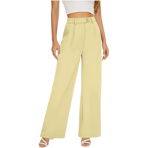 Women Stretchy Straight Leg Dress Pants Comfy Solid Classic High Waisted Wide Leg Trousers Slacks Business Work Suit Office2