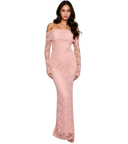 Image of PORRCEY Women's Sexy Rhinestone Lace Sheer Mesh Formal Evening Dress