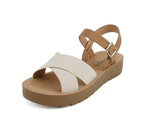 Soda CHESTER ~ Women Flat Sandals Flatform Ankle Buckle Criss Cross Band Straps Sandals Shoes (Gold Raffia, 5.5) - Image 3