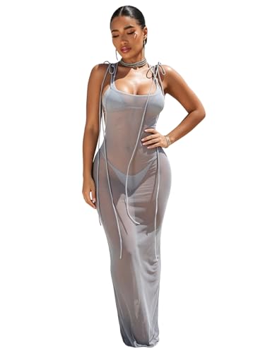 Image of Suillty Women Mesh Sheer Spaghetti Strap Long Maxi Dress Sexy Sleeveless Backless Beach Swimsuit Cover Ups Party Club Dresses