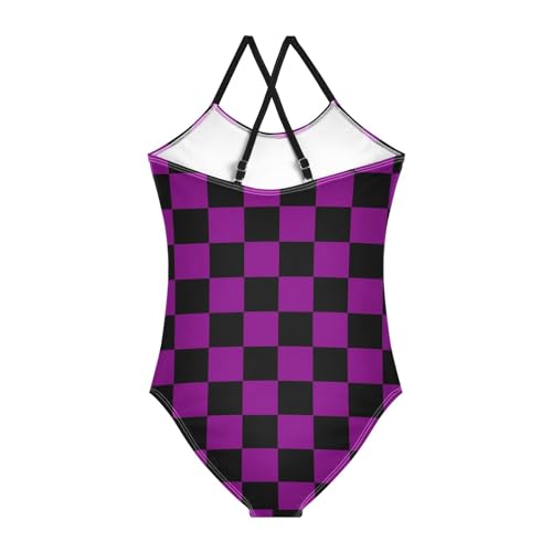 Image of Black and White Chess Girls One Piece Swimsuits Board Marble Tile Sport Halter Swimwear Beach Bathing Suit 3T
