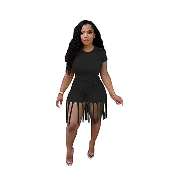 Two-Piece-Outfits-for-Women-Casual-Short-Sleeve-and-Tassel-Bodycon-Shorts-Sexy-Clubwear-Tracksuit-Set ThusFur Womens Summer Casual 2 Piece Black Outfit Short Sleeve Shirt Bodycon High Waist Shorts Set Sportswear Tracksuit with Tassel Size XX-Large