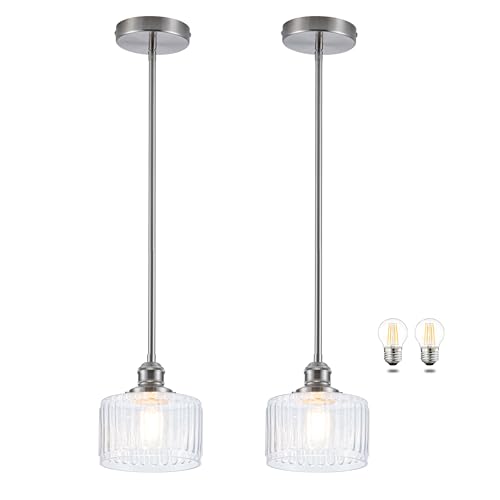 Image of MAYNA 2 Pack Modern Pendant Light with Clear Striped Glass Lmapshade