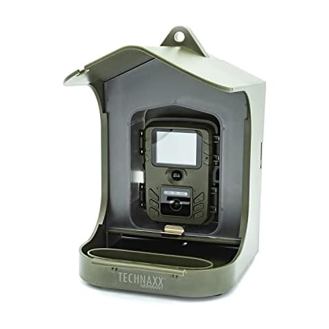 Technaxx Bird Feeder Camera Station with Treat Hanging, 150 g Box for Food & Bath for Water - FullHD Video Resolution - Versatile Installation Kit - Bird Watching Camera TX-165, Green Cover