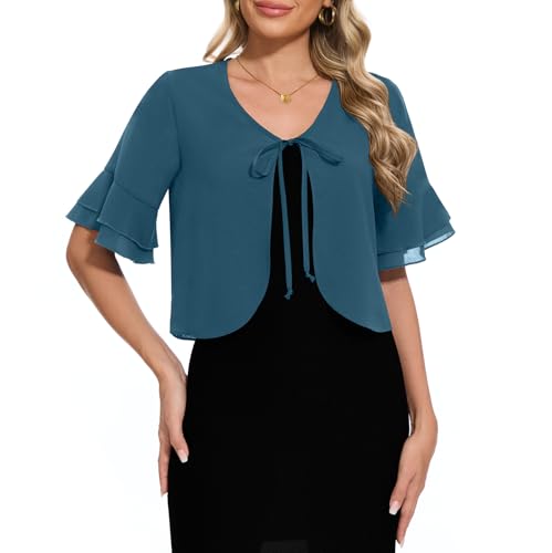 Women Shrug Chiffon Bolero Ruffle Short Sleeve Summer Tie Front Sheer Cardigans for Dresses2