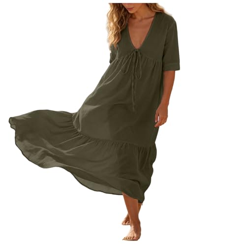 Robe coton lin grande taille élégante col V style rétro lâche