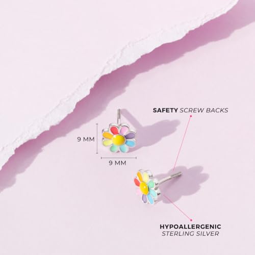 925 Sterling Silver Rainbow Enamel Daisy Flower Screw Back Earrings for Little Girls and Preteens - Vibrant Multicolored Petal Flower Earrings4