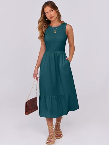 Image of ANRABESS Women Midi Dresses 2026 Summer Casual Sleeveless Sundress High Neck Tank Top Racerback Flowy Beach Dress & Pockets