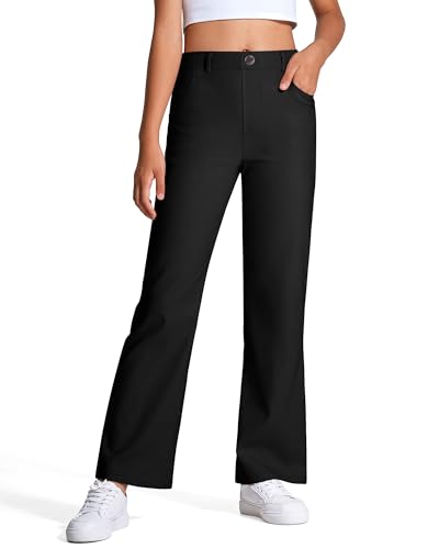 NUMYEAN Girls Uniform Pants Kids High Stretchy Flare Dress Pants Elastic Waist Size 13-14 Years Black