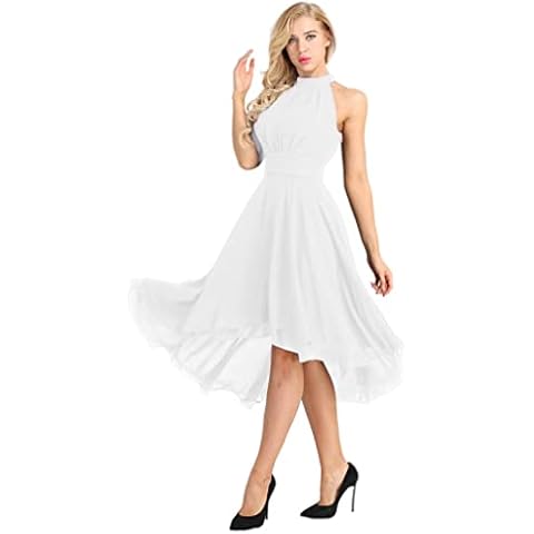 renvena Women's Halter High-Low Chiffon Short Bridesmaid Dress Sleeveless Cocktail Wedding Ball Party Gown White 20 Cover