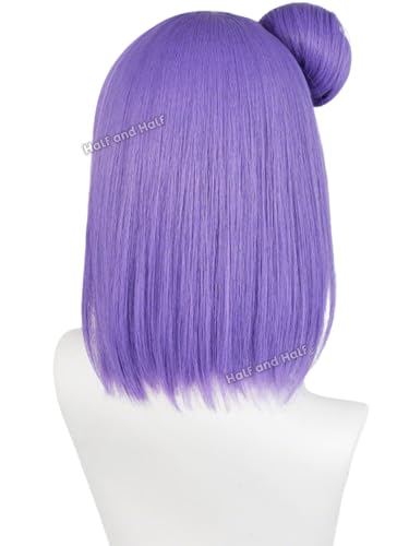 Image of Half and Half Short Purple Bob Anime Cosplay Wig with Bangs & Bun 13.4'' Light Purple Nin-ja Women's Synthetic Hair Wigs for Halloween Party Costumes