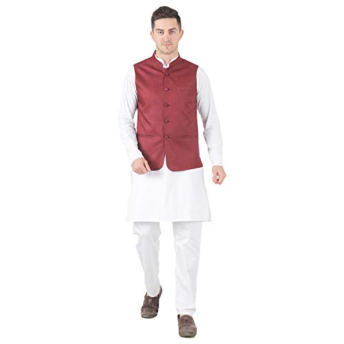 Image of TAHVO Men's Nehru Jacket /Waistcoat /Modi Jacket Cotton Fabric /Men 's 5 Button Nehru Jacket with Hanky Kurta Set
