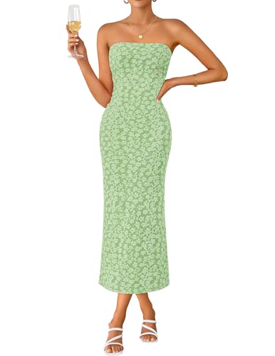 ZESICA Women's 2026 Summer Floral Strapless Bodycon Midi Dress Off Shoulder Beach Formal Cocktail Wedding Guest Long Dresses Green Small