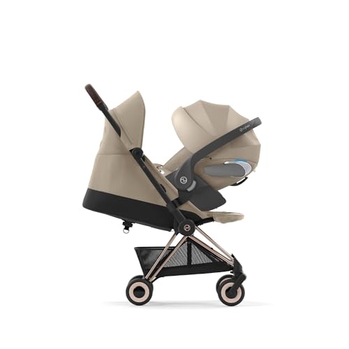 Image of Cybex Coya Compact Stroller, Lightweight One-hand Fold, Travel-Friendly Pram for Newborns, Infants, and Toddlers, Age 0-4 years, Flat Recline Position, One Pull Harness, Hand Luggage Compatible, Stroller (Cozy Beige and Rosegold Frame)