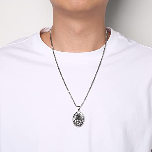 HZMAN Virgin Mary and Jesus Medal Necklace for Men Women Retro Religious Stainless Steel Christian Pray Amulet Pendant Jewelry Gift