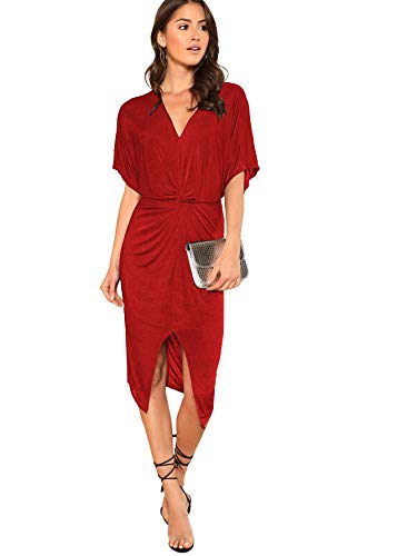 Floerns Women's Short Sleeve V Neck Twist Front Split Midi Dress Red M #TOP3