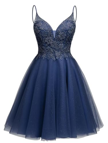 Image of Sparkly Tulle Homecoming Dresses Short Lace Prom Dresses for Teens V Neck Beaded Cocktail Dresses