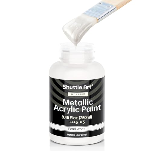 Shuttle Art Metallic Pearl White Acrylic Paint 8.45 oz (250 ml) Pearlescent Acrylic Paint With Brush Non Toxic Non Fading Shimmer White Paint for Crafts Metal Wood Clay Ceramic Canvas Furniture