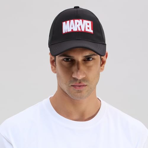 Image of Marvel Box Logo Men's Trucker Cap | Black | 6-Panel Structured Fit with Curved Visor | Breathable Mesh Back | Iconic Marvel Logo | Sun-Protective Style for Everyday Wear
