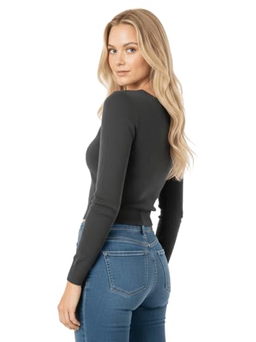 Image of Women's Crop Top Stretch Sweater - Long Sleeve Slim Bodycon Crewneck Casual Basic Solid Cropped Knit Pullover Top