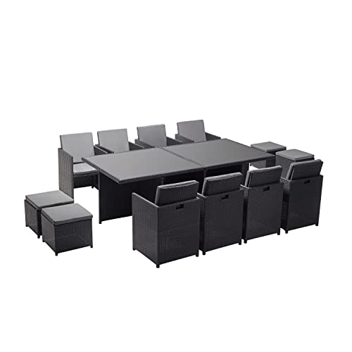 CONCEPT USINE | Salon de Jardin Encastrable 12 Places en Résiné Tréssée | Monaco Noir/Gris | Table avec Verre 5 mm + 8 Chaises + 4 Poufs | Structure Acier + Epoxy |...