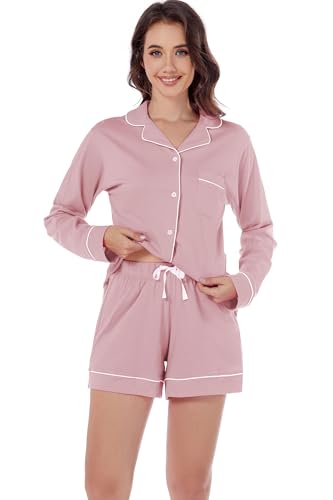 Image of LUBOT 100% Cotton Pajamas for Women 2PC PJ Set Womens Soft Long Sleeve Button-Down Shirt Two Piece Set Sleepwear Loungewear Night Suit (Ash Pink, 2XL)