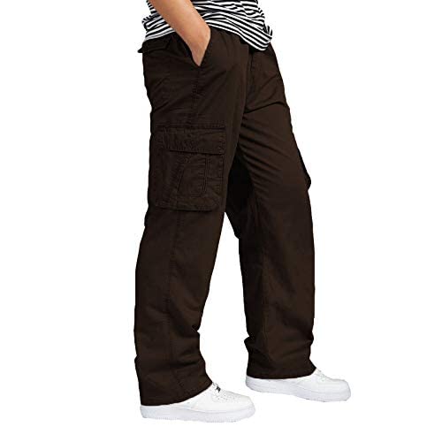 Image of REOUTLOOK Men's Regular‑Fit Cotton Cargo Pants - Elastic Drawstring Waist, 5 Pockets, Breathable Everyday Casual Trousers