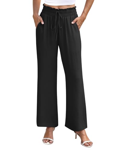 NILOUFO Women's High Waist Wide Leg Pants Elastic Drawstring Casual Loose Flowy Trousers with Pockets