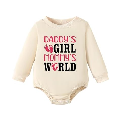 Mikrdoo Newborn Baby Girl Outfit 3-6 Months Bubble Romper DADDYS GIRL MOMMYS WORLD Onesie Fall Winter Infant Long Sleeve Sweatshirt Cute Clothes Beige Cover