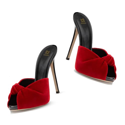 Image of LEHOOR Women Stiletto Heel Mules Platform Bow Round Open Toe Slip On Mule Sandals Velvet Cute 5 Inch Thin High Heels Peep Toe Stilettos Backless Sandal Heels Dress Evening Party 5-12 M US