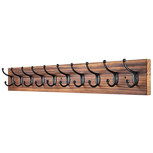 PHINGEER Wall Mounted Coat Rack,Vintage Wooden Coat Hooks for Wall,Heavy Duty 10 Dual Coat Hangers for Hanging Coats Jacket,Hat,Clothes,Brown (10 Hooks)
