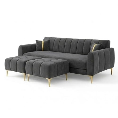 Image of Hermione 5 Seater L Shape Sofa Set with 2 Movable Ottoman | Flexible Left or Right Layout | Luxe Velvet Suede Fabric | Comfortable Seating | Modern Sofa for Living Room - Dark Gray