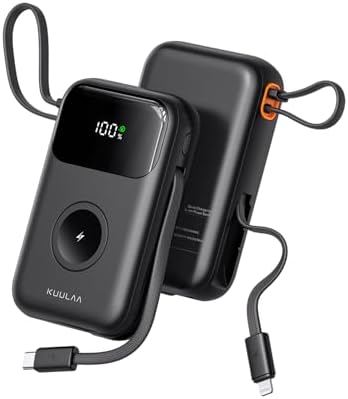 Kuulaa 10000mAh Power Bank with Built-in Cables, 22.5W Fast Charging Portable Charger for iPhone, Samsung and Apple Watch, Compact Lightweight with LCD Display