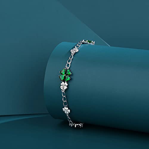 Image of JIANGXIN Lucky Four leaf clover 925 Sterling Silver Birthstone Chain Link Bracelet for Women Gemstone Jewelry Shamrock Birthday Gift 16+4cm