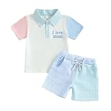 JENJON Conjunto Verano Ropa para Bebé Niño Manga Corta Camiseta con Cerniera e Colletto Rovesciato + Pantalones Cortos con Bolsillos 2 Piezas Trajes de Verano Azul-verde I love Mom 12-18 Meses