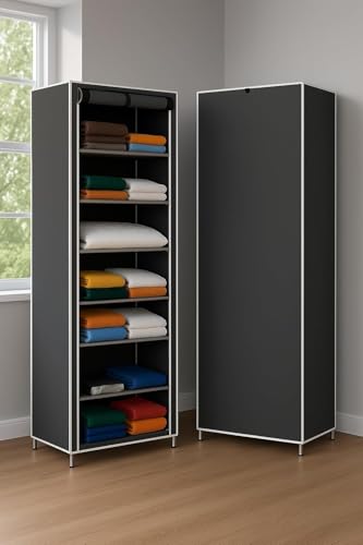 Image of Bagnizer Collapsible Wardrobe Printed Cover 6 Shelves Storage Clothes Storage Rack -Great Kitchen Storage QuickWardrobe Organizer Storage Rack Foldable Collapsible (Gray)